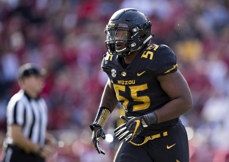 FAYETTEVILLE, AR - NOVEMBER 24:  Jordan Harold #55 of the Missouri Tigers jogs off the field during a game against the Arkansas Razorbacks at Razorback Stadium on November 24, 2017 in Fayetteville, Arkansas.  The Tigers defeated the Razorbacks 48-45.  (Photo by Wesley Hitt/Getty Images)