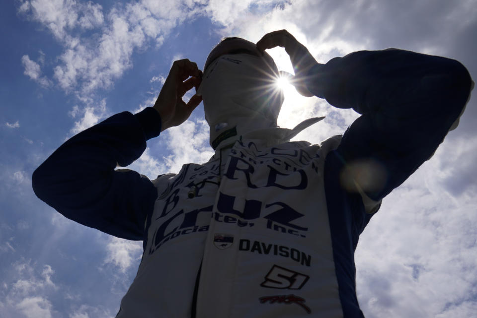 James Davison, of Australia, prepares to drive during a practice session for the Indianapolis 500 auto race at Indianapolis Motor Speedway, Friday, Aug. 14, 2020, in Indianapolis. (AP Photo/Darron Cummings)