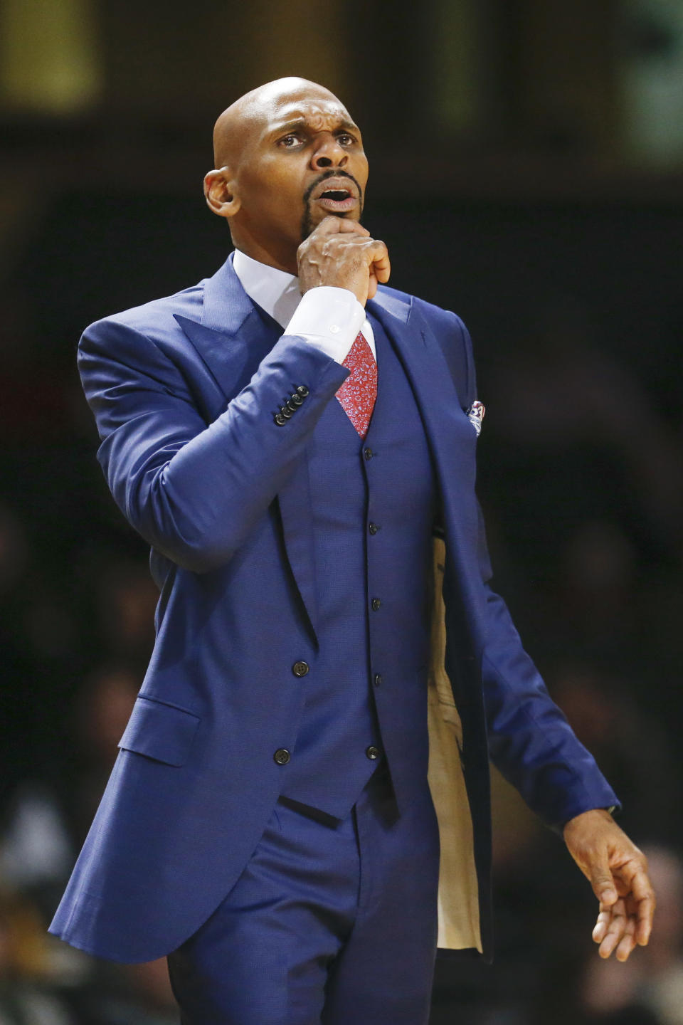 Vanderbilt head coach Jerry Stackhouse watches the action in the first half of an NCAA college basketball game against Alabama Wednesday, Jan. 22, 2020, in Nashville, Tenn. Alabama won 77-62. (AP Photo/Mark Humphrey)