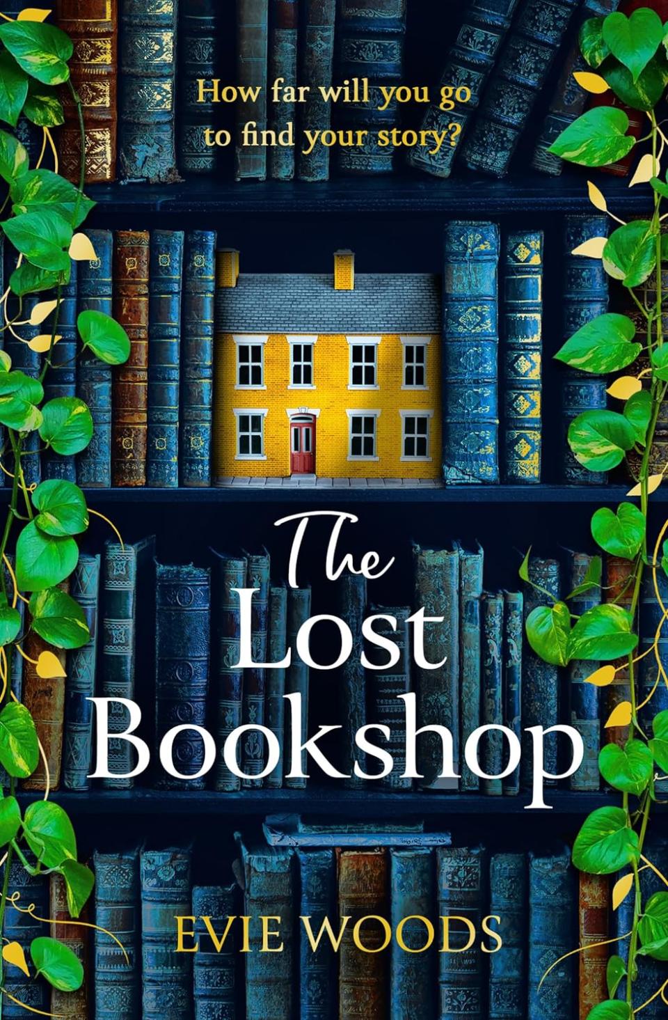 Cozy Fall Reads: The Lost Bookshop by Evie Woods book cover shows a bookshelf with green vines peeking out
