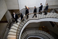 <p>Democratic House members walk to a caucus meeting on Capitol Hill in Washington on Saturday, Jan. 20, 2018. The U.S. government officially entered a partial shutdown early Saturday. (Photo: Andrew Harrer/Bloomberg via Getty Images) </p>