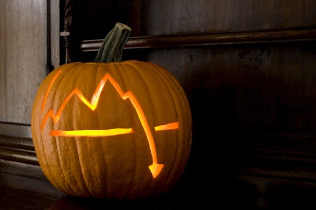 stock market crash chart on Halloween pumpkin