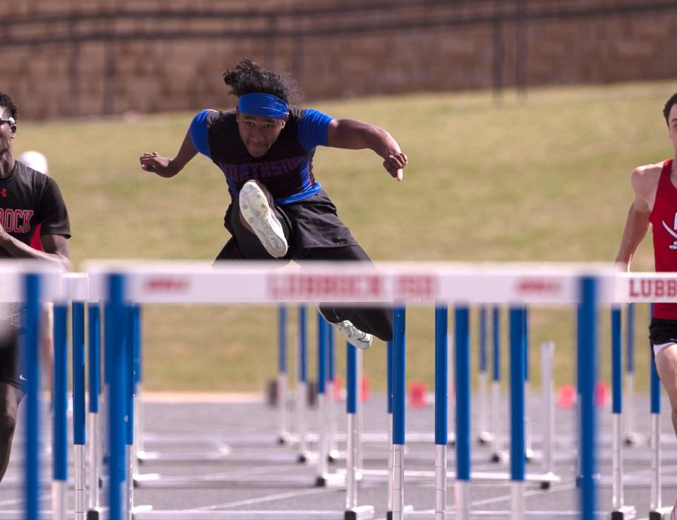 Amarillo Palo Duro's Vern Blair competes in the 110-meter hurdles during the Districts 3/4-5A area track and field meet, Friday, April 12, 2024, at Lowrey Field.