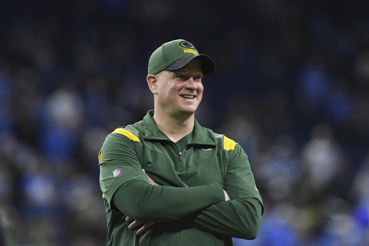 Green Bay Packers offensive coordinator Nathaniel Hackett seen during pregame of an NFL football game against the Detroit Lions, Sunday, Jan. 9, 2022, in Detroit. (AP Photo/Lon Horwedel)