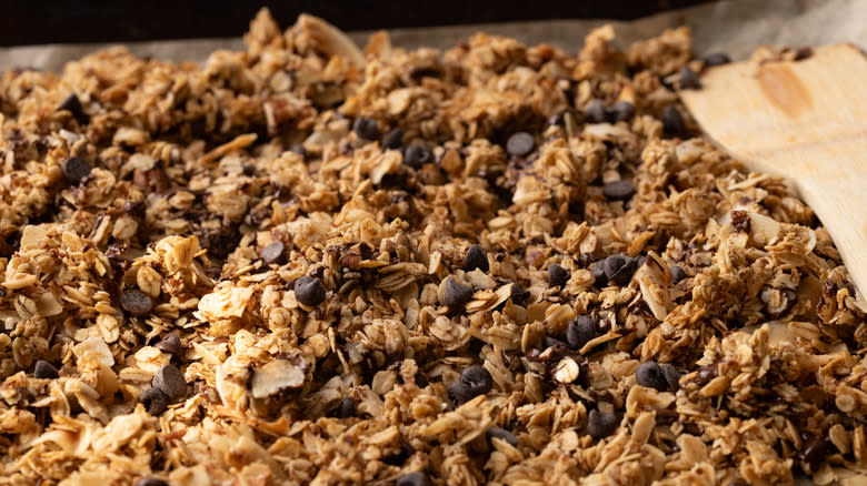 Chocolate chips on baked granola
