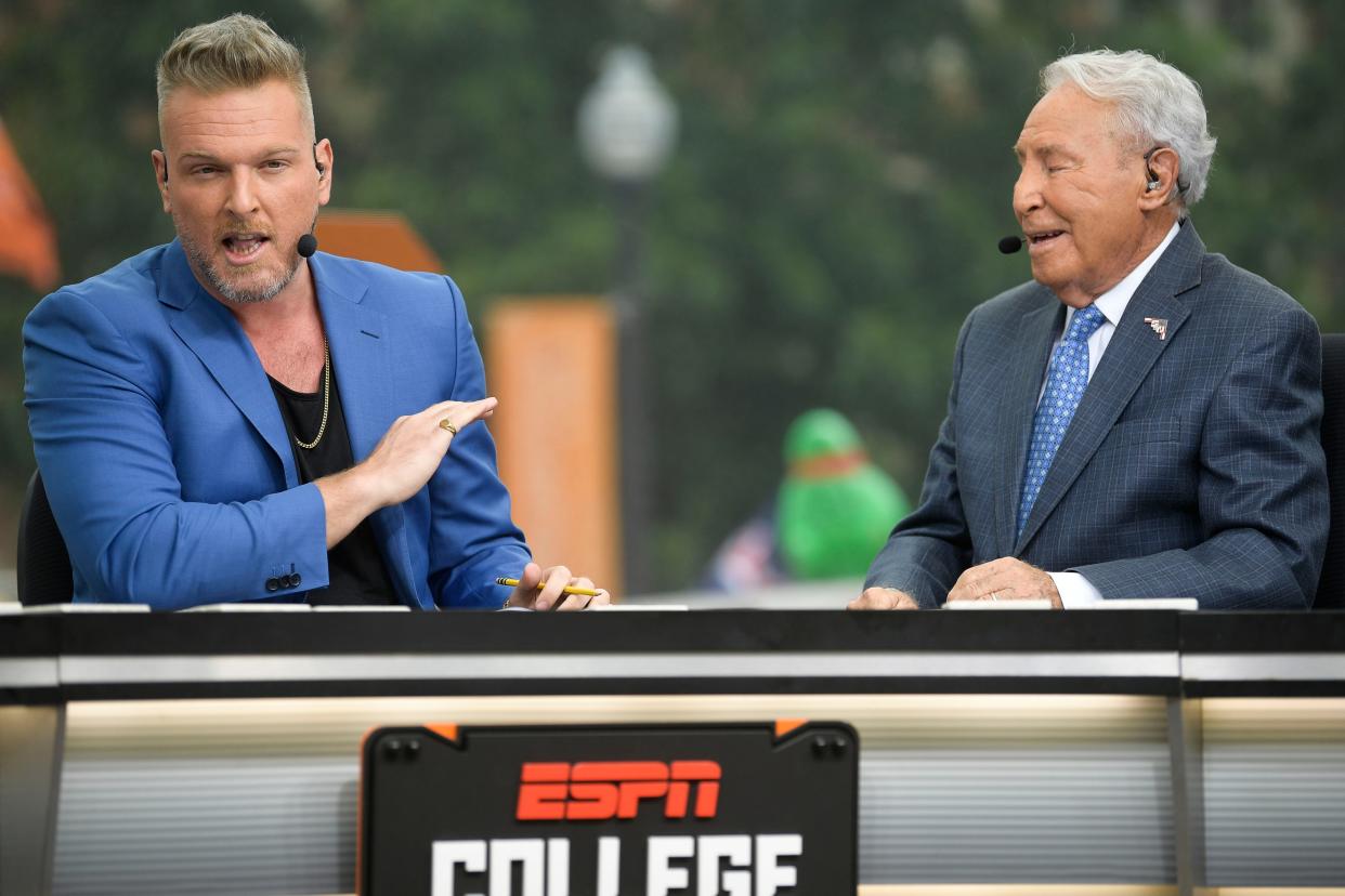 Pat Mcafee and Lee Corso at the ESPN College GameDay stage outside of Ayres Hall on the University of Tennessee campus in Knoxville, Tenn. on Saturday, Sept. 24, 2022. The flagship ESPN college football pregame show returned for the tenth time to Knoxville as the No. 12 Vols hosted the No. 22 Gators.