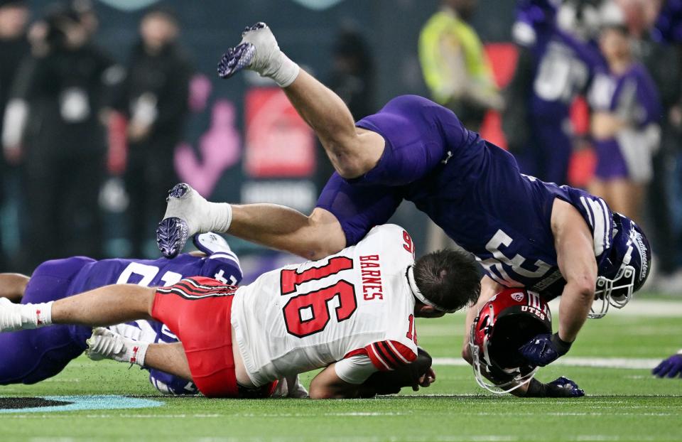 Utah Utes quarterback Bryson Barnes (16) has his helmet torn off by Northwestern Wildcats linebacker Xander Mueller (34) as Utah and Northwestern play in the SRS Distribution Las Vegas Bowl at Allegiant Stadium on Saturday, Dec. 23, 2023. Northwestern won 14-7. | Scott G Winterton, Deseret News