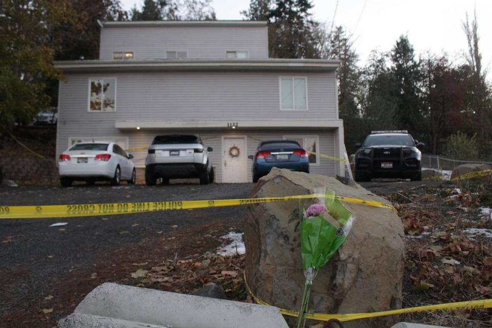 PHOTO: In this Dec. 22, 2022, file photo, flowers were left at the house where four University of Idaho students were found dead, in Moscow, Idaho. (Angela Palermo/Idaho Statesman/Tribune News Service via Getty Images, FILE)