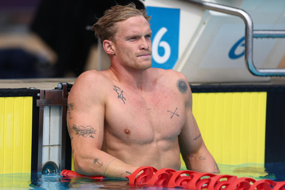 GOLD COAST, AUSTRALIA - APRIL 18: Cody Simpson looks on after competing in the Men’s 200m Freestyle Heats during the 2024 Australian Open Swimming Championships at Gold Coast Aquatic Centre on April 18, 2024 in Gold Coast, Australia. (Photo by Chris Hyde/Getty Images)