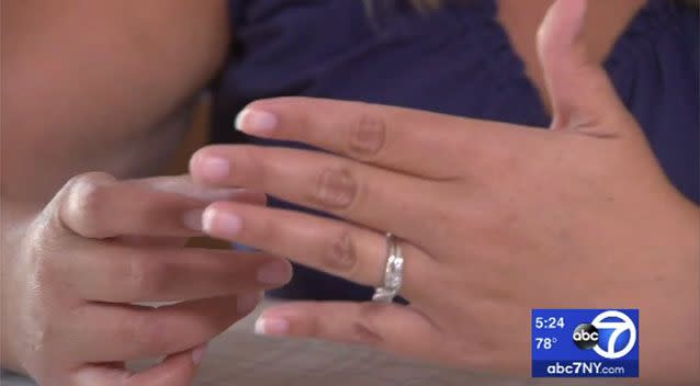 The white gold band carrying a 1.1 karat princess-cut diamond was wedged in a crack on the footpath near the family&#39;s holiday home in south Italy. Picture: ABC7
