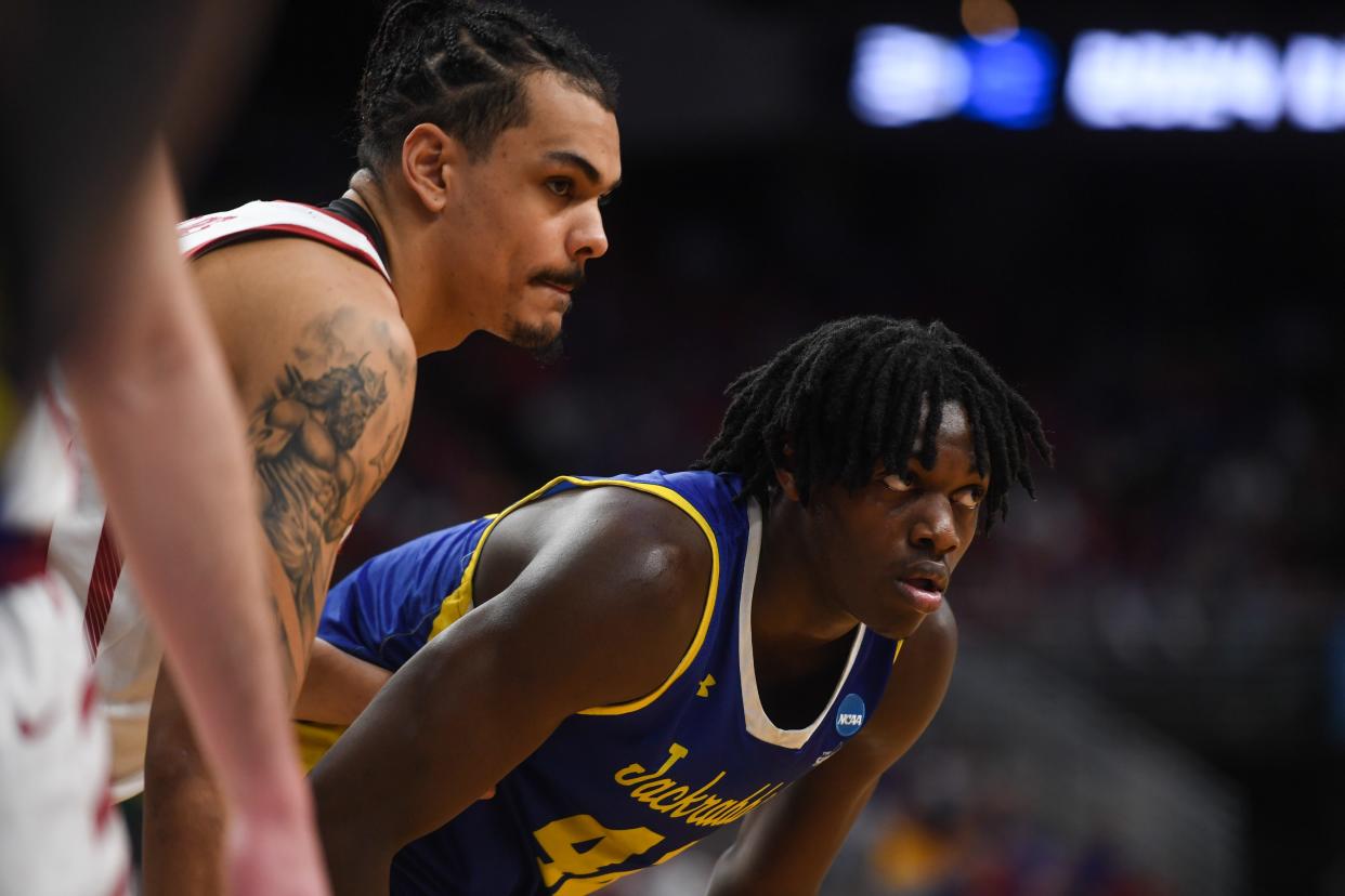 South Dakota State's forward William Kyle III (42) watches the free throw during the second half on Thursday, March 21, 2024 at the CHI Health Center in Omaha, Nebraska.