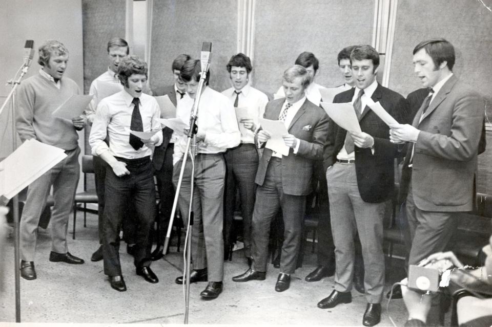 England’s 1970 World Cup squad recording Back Home at a studio in London (Daily Mail)