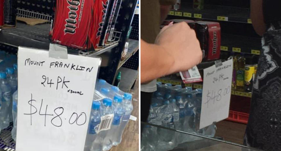 A photo of a 24-pack of water bottles being sold for $48 at a petrol station sold on the NSW south coast.