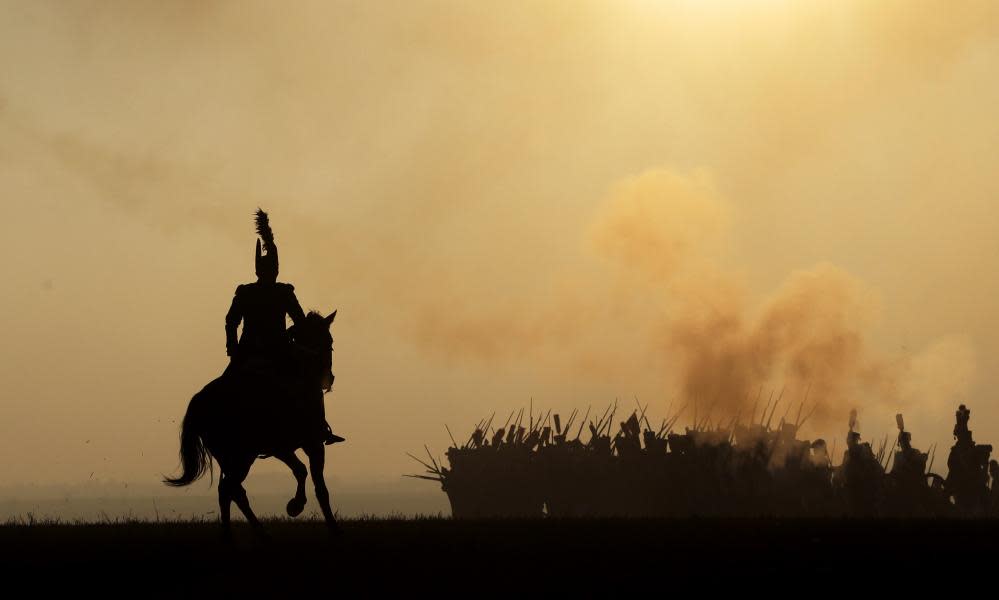 History enthusiasts dressed in regimental costumes take part in a re-enactment of Napoleon’s famous battle of Austerlitz, celebrating its 210th anniversary near Slavkov u Brna, Czech Republic, Saturday, Dec. 5, 2015. (AP Photo/Petr David Josek)