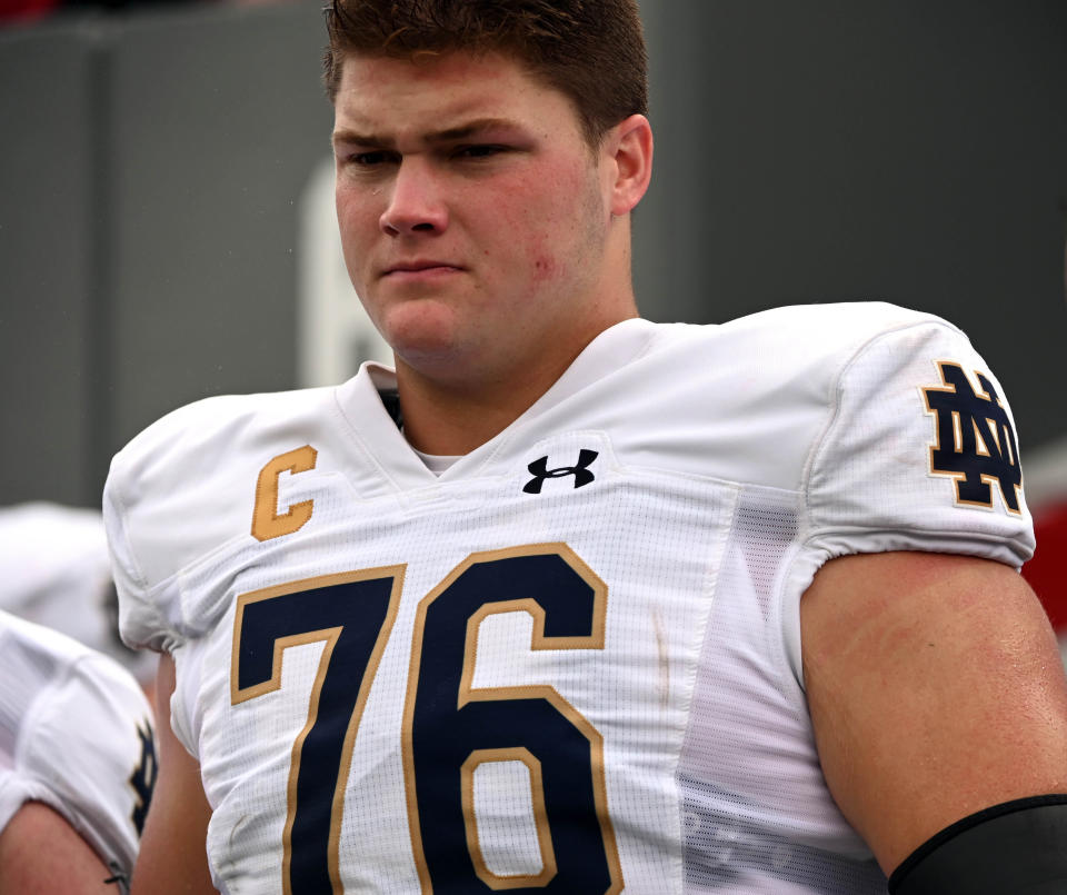 Sep 9, 2023; Raleigh, North Carolina, USA; Notre Dame Fighting Irish tackle Joe Alt (76) during the first half at Carter-Finley Stadium. Mandatory Credit: Rob Kinnan-USA TODAY Sports