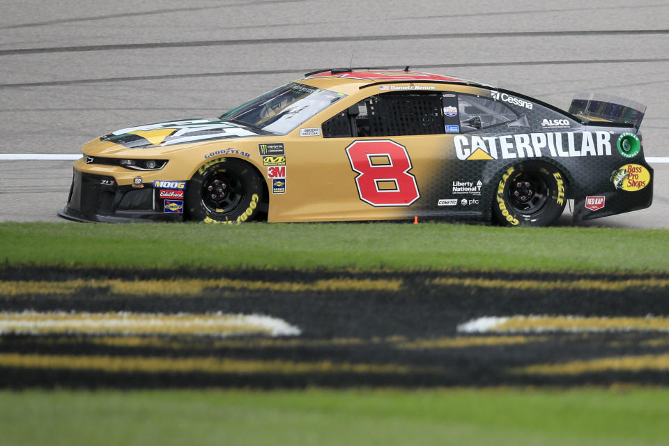 Daniel Hemric (8) qualifies for a NASCAR Cup Series auto race at Kansas Speedway in Kansas City, Kan., Saturday, Oct. 19, 2019. Hemric won the pole for Sunday's race. (AP Photo/Orlin Wagner)