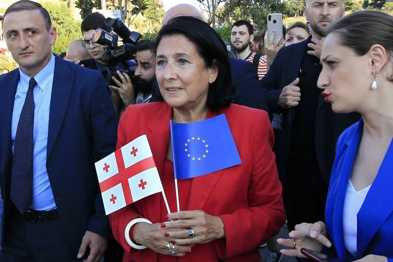 Georgian President Salome Zourabichvili, center, attends a public rally in support of Georgia's EU aspirations in Tbilisi, Georgia, on June 16, 2022.