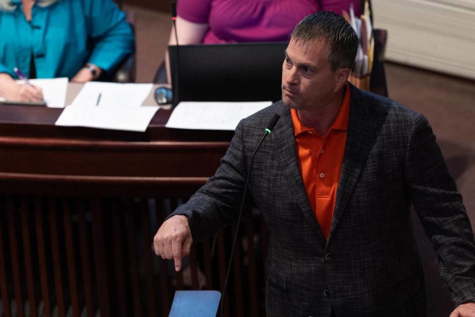 Randall Harris, Labor-Management Fund Director for the Laborer’s International Union of North America, Midwest Region, gives an impassioned speech during a Madison County Board meeting on April 17, 2024. “You know what message you’re sending?” Harris asked to the Republicans who voted in favor of passing a referendum to symbolically vote to secede from Illinois. “Not that we care so much. That you’re irresponsible, that you’re not a serious investment.”