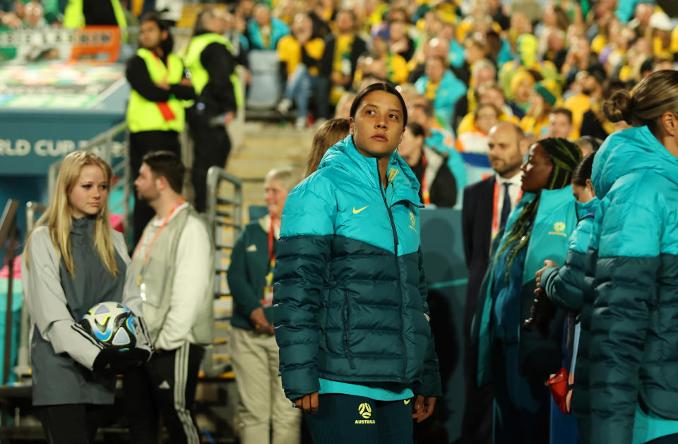 SYDNEY, AUSTRALIA - JULY 20: Sam Kerr of Australia is seen prior to the FIFA Women's World Cup Australia & New Zealand 2023 Group B match between Australia and Ireland at Stadium Australia on July 20, 2023 in Sydney, Australia. (Photo by Cameron Spencer/Getty Images)