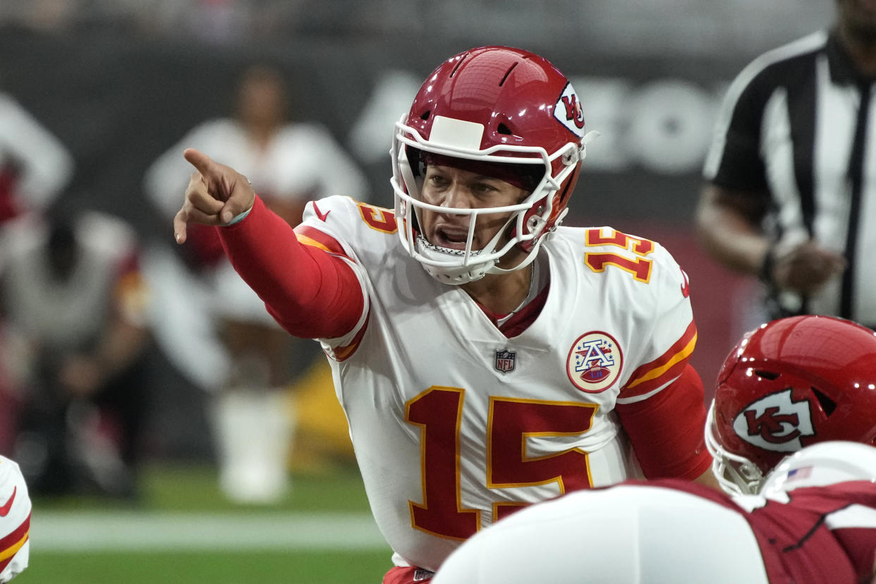 Kansas City Chiefs quarterback Patrick Mahomes (15) during the first half of an NFL football game against the Arizona Cardinals, Friday, Aug. 20, 2021, in Glendale, Ariz. (AP Photo/Rick Scuteri)