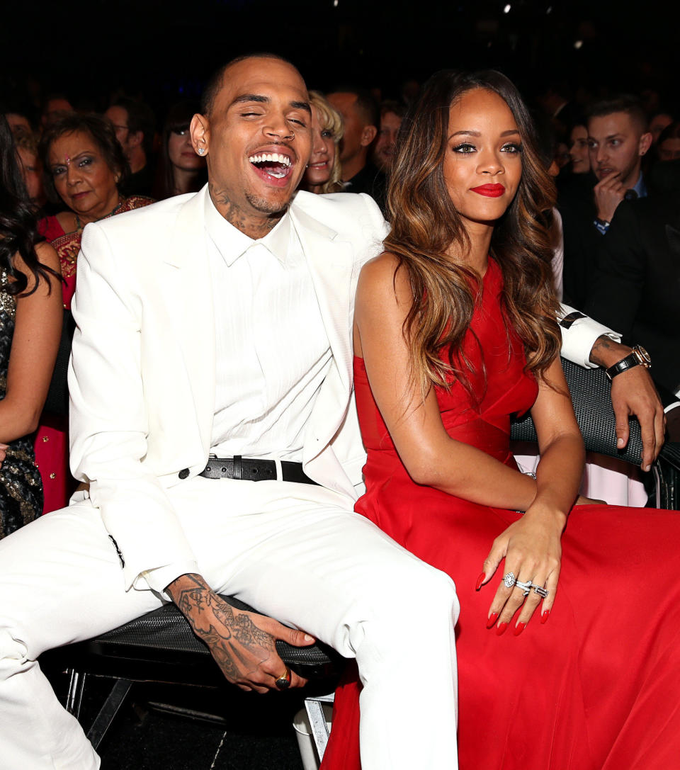 Chris Brown and Rihanna attend the 55th Annual GRAMMY Awards at STAPLES Center on February 10, 2013 in Los Angeles, California.