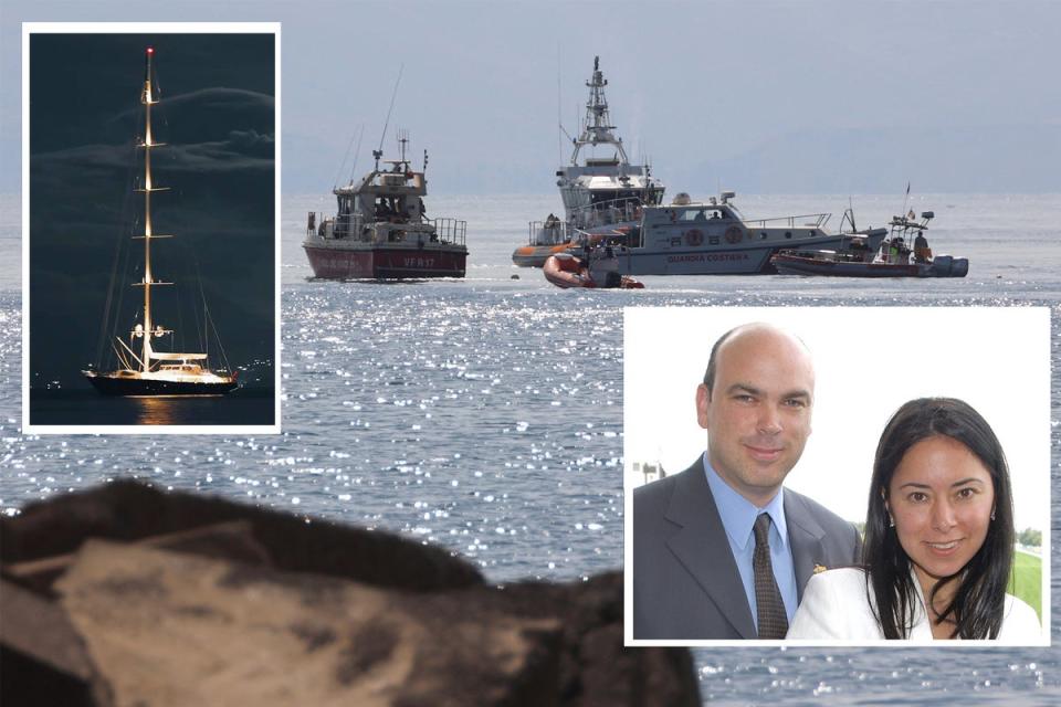 Mike Lynch, pictured with his wife Angela Bacares, is among those missing after his yacht (inset) capsized off the coast of Sicily (PA/Desmond O’Neill)