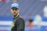 Indianapolis Colts coach Shane Steichen watches warmups for the team's NFL preseason football game against the Chicago Bears in Indianapolis, Saturday, Aug. 19, 2023. (AP Photo/Darron Cummings)