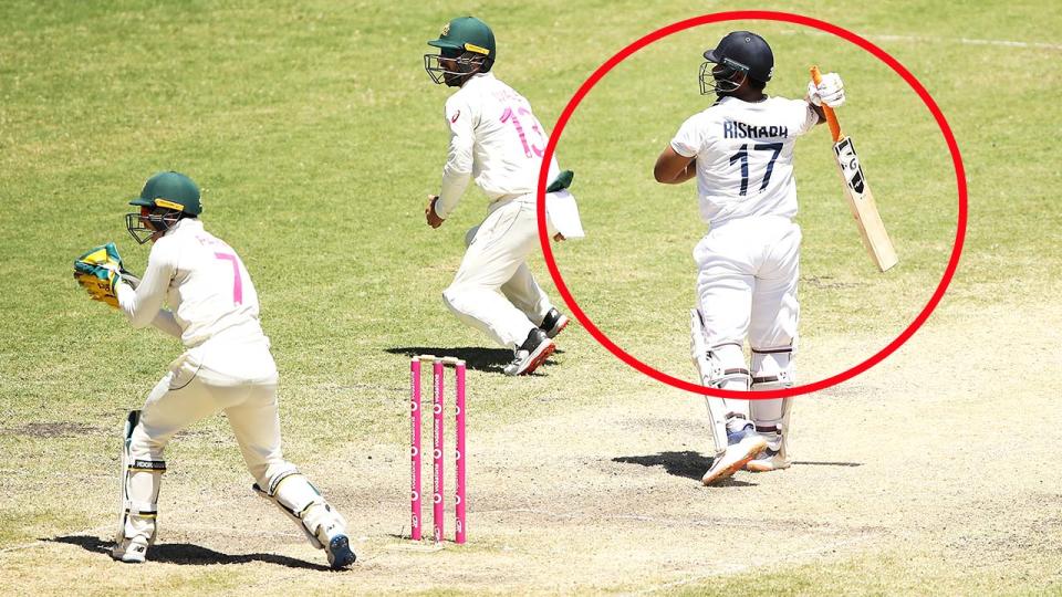 Rishabh Pant, pictured here being dismissed by Nathan Lyon for 97. 