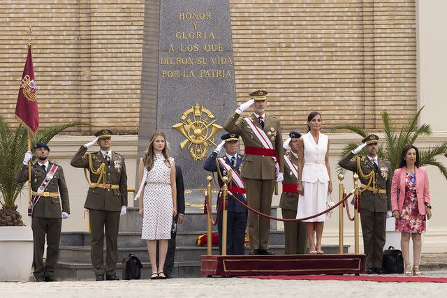 <p>Toni Galan/WireImage</p> Princess Leonor, King Felipe and Queen Letizia at the General Military Academy on July 7.