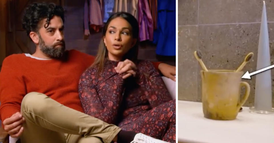 L: Sharon Sohal and Ankur are interviewed on The Block. R: A close up of an antique in Sharon and Ankur's bathroom