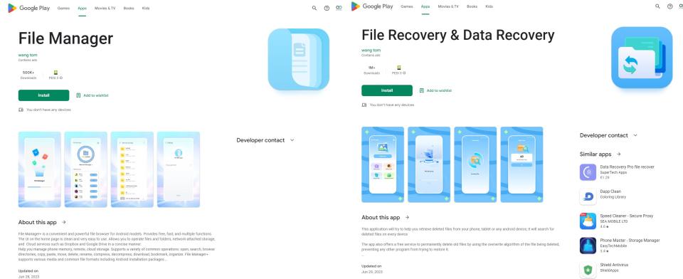 Screenshots of the File Manager and File Recovery and Data Recovery apps in the Google Play Store