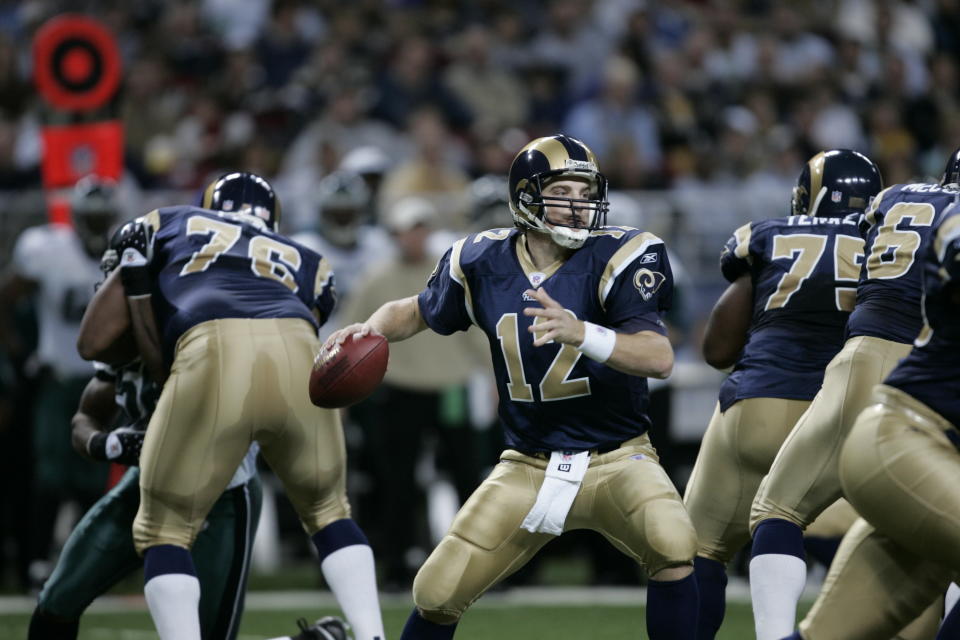 ST. LOUIS - DECEMBER 18:  Ryan Fitzpatrick #12 of the Philadelphia Eagles drops back to pass during the game with the St. Louis Rams at the Edward Jones Dome on December 18, 2005 in St. Louis, Missouri. The Eagles won 17-16. (Photo by Dilip Vishwanat/Getty Images)