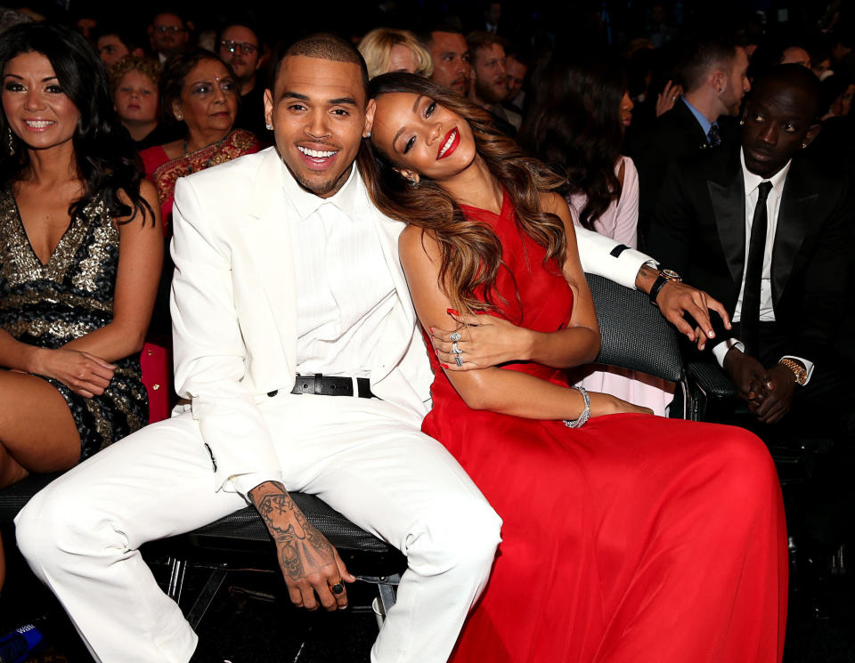 Chris Brown and Rihanna attend the 55th Annual GRAMMY Awards at STAPLES Center on February 10, 2013 in Los Angeles, California.