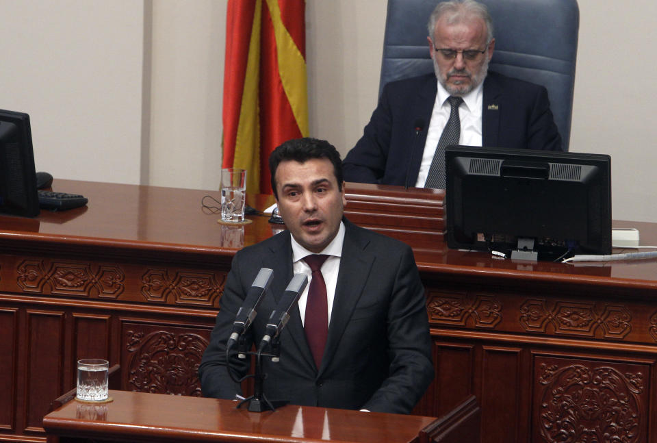 Macedonian Prime Minister Zoran Zaev speaks during a session of the Macedonian Parliament in the capital Skopje, Wednesday, Jan. 9, 2019. Macedonian lawmakers were in the final stretch Wednesday of renaming their country North Macedonia as part of a deal with neighboring Greece in return for membership of NATO and potentially the European Union. (AP Photo/Boris Grdanoski)