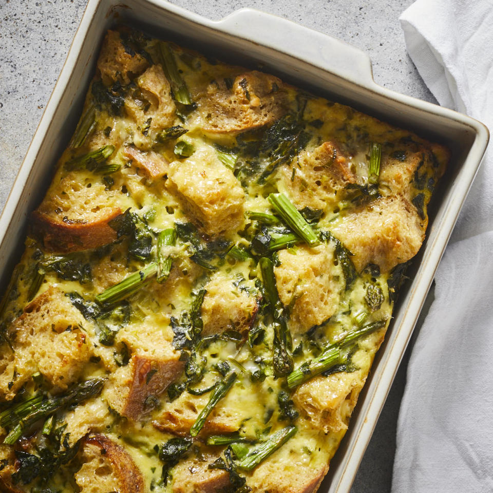 <p>This easy egg casserole is filled with spring green vegetables and rustic whole-grain bread. It's perfect for a healthy vegetarian dinner or a springtime brunch. You can assemble it the night before and bake it in the morning when you're ready.</p> <p> <a href="https://www.eatingwell.com/recipe/278026/vegetarian-spring-egg-casserole/" rel="nofollow noopener" target="_blank" data-ylk="slk:View Recipe;elm:context_link;itc:0;sec:content-canvas" class="link ">View Recipe</a></p>