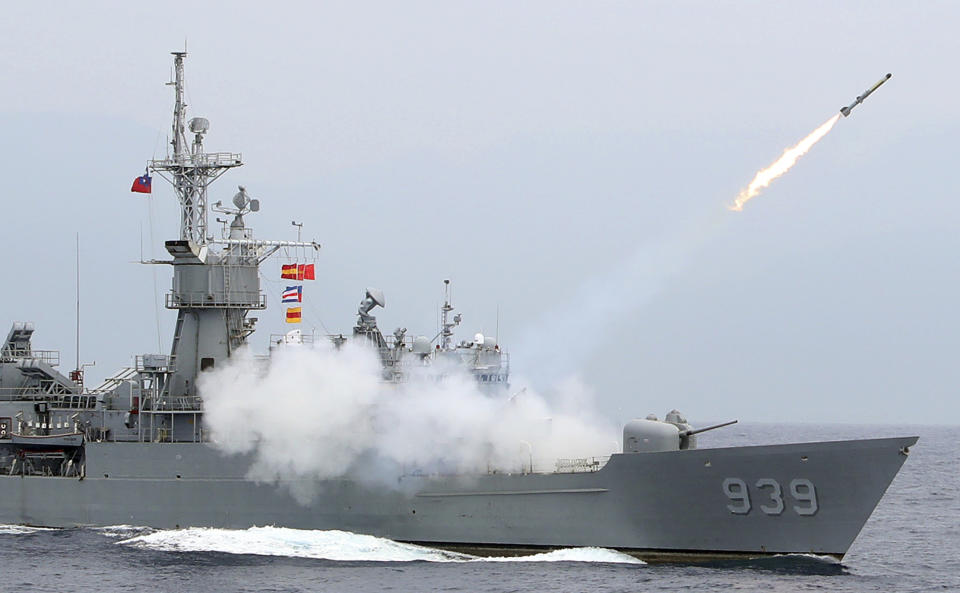 In this Wednesday, May 22, 2019, file photo, Taiwan Navy's Perry-class frigate launches an ASROC (anti-submarine rocket) during a naval exercise off Hualien County, eastern Taiwan. (AP Photo/Chiang Ying-ying, File)