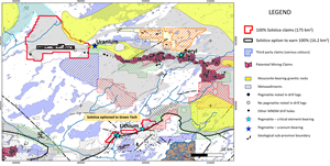 Solstice regional land position, and pegmatite occurrences Stewart-Melchett Lakes areas. Minerals occurrences from Ontario MDI government database.