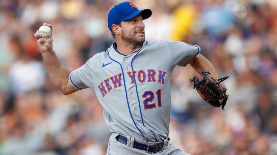 May 26, 2023; Denver, Colorado, USA; New York Mets starting pitcher Max Scherzer (21) pitches in the second inning against the Colorado Rockies at Coors Field.