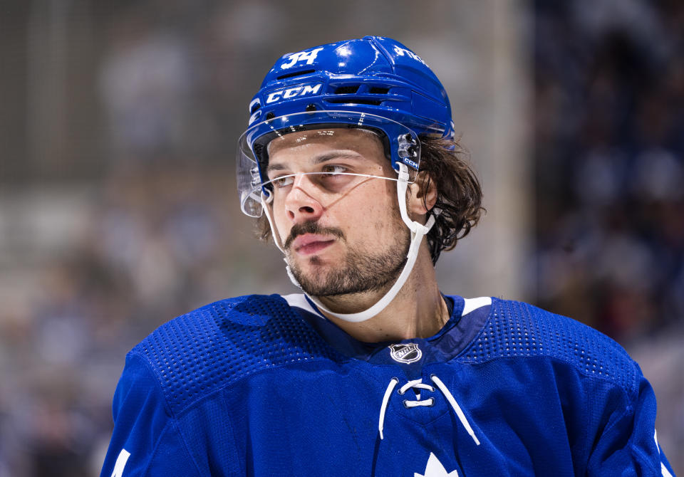 TORONTO, ON - MAY 10: Auston Matthews #34 of the Toronto Maple Leafs looks on against the Tampa Bay Lightning during the first period in Game Five of the First Round of the 2022 Stanley Cup Playoffs at the Scotiabank Arena on May 10, 2022 in Toronto, Ontario, Canada. (Photo by Mark Blinch/NHLI via Getty Images)