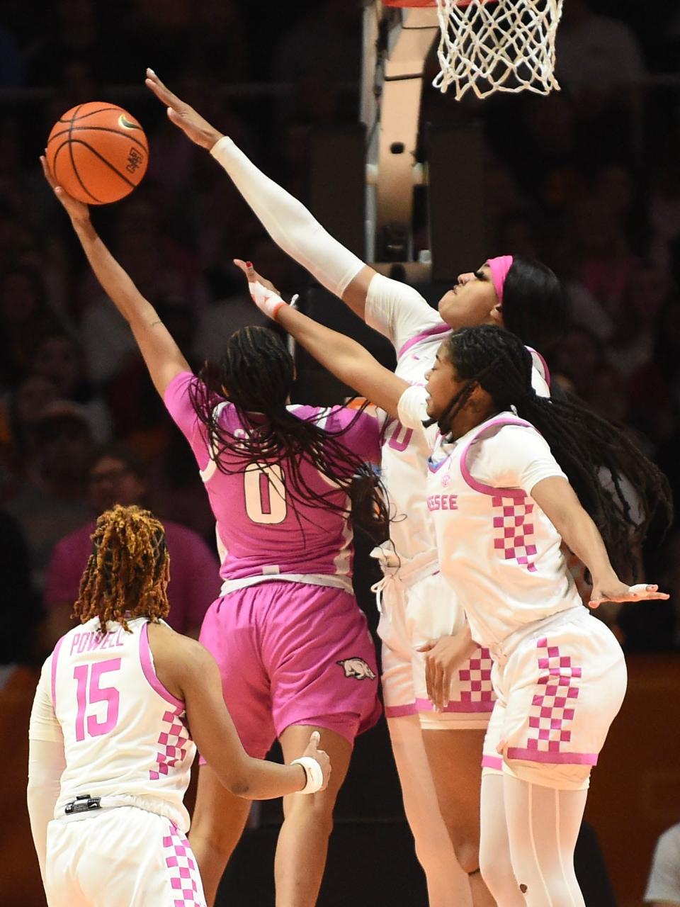 Arkansas guard Taliah Scott (0) goes up for an attempted shot against Tennessee on Feb. 12.