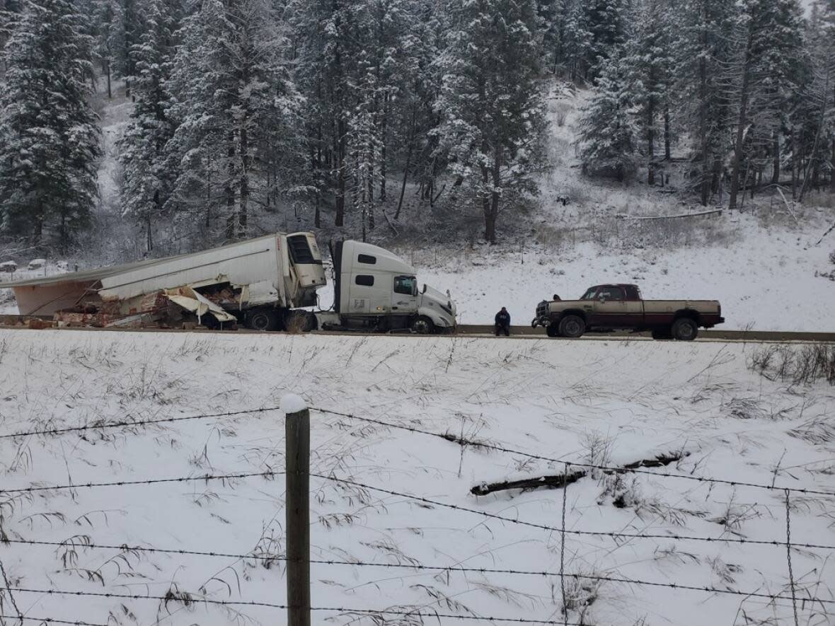 B.C. RCMP say a collision between two commercial vehicles on Highway 5 in McLure left one driver dead and another in hospital. (Submitted by M. Sieben - image credit)