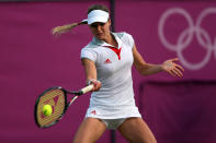 LONDON, ENGLAND - JULY 31: Maria Kirilenko of Russia returns a shot against Heather Watson of Great Britain during the second round of Women's Singles Tennis on Day 4 of the London 2012 Olympic Games at Wimbledon on July 31, 2012 in London, England. (Photo by Clive Brunskill/Getty Images)