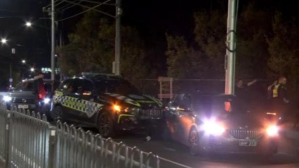 Police have arrested five children after a stolen vehicle was followed across a number of eastern and Melbourne CBD suburbs before being rammed by police in East Melbourne overnight., , Police sighted the stolen Black BMW sedan in Boronia near Mountain Highway at about 10.25pm., , The car was stolen from Footscray on 9 April. 7News