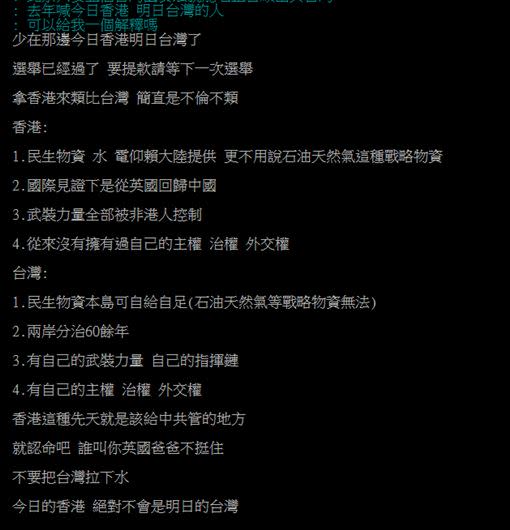 另一名網友反駁，認為台灣和香港有許多實質差異。（圖／翻攝自PTT）