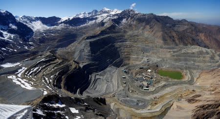 FILE PHOTO: An aerial view of open pits of Codelco's Andina (L) and Anglo American's Los Bronces (front) copper mines with Olivares glaciers in the background (top) at Los Andes Mountain range, Chile, November 17, 2014. REUTERS/Ivan Alvarado/File Photo