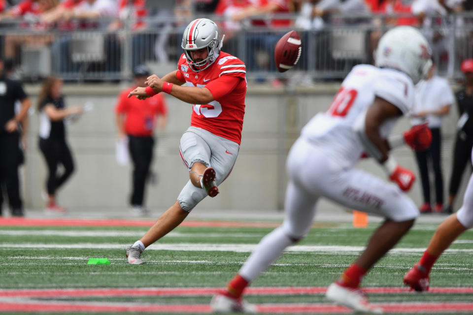 COLUMBUS, OH - AUGUST 31:  Blake Haubeil #95 of the Ohio State Buckeyes kicks off against the Florida Atlantic Owls at Ohio Stadium on August 31, 2019 in Columbus, Ohio.  (Photo by Jamie Sabau/Getty Images)