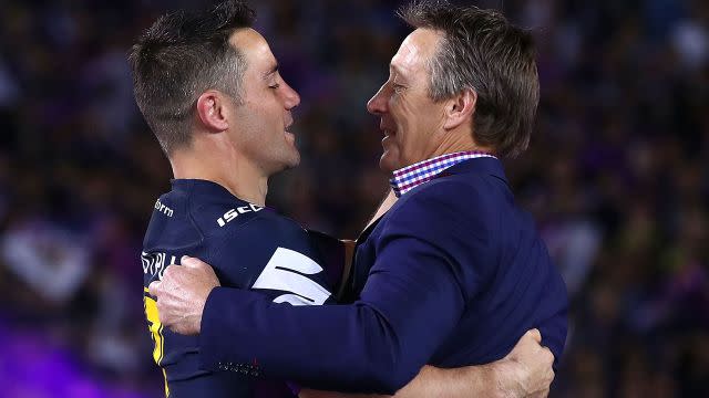 Cronk and Bellamy on Grand Final night. Image: Getty