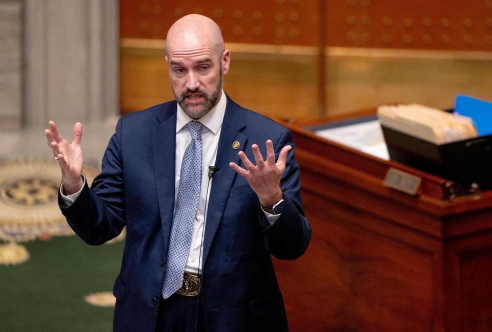 State Sen. Greg Razer, D-Kansas City, filibusters Senate Bill 49 on Tuesday, March 7, 2023, in Jefferson City, Mo. The bill would bar “gender transition procedures” for minors.