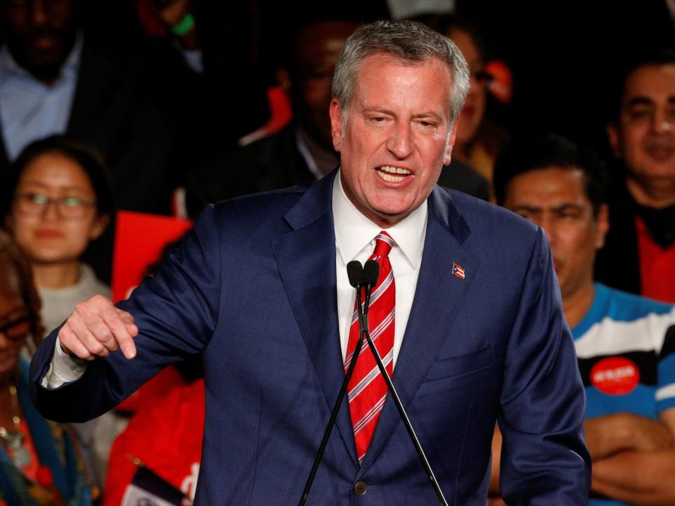 Then-New York Mayor Bill de Blasio addresses supporters after his re-election in New York City, U.S. November 7, 2017.