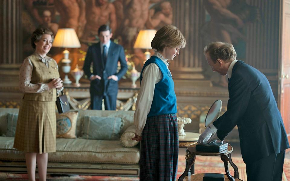 Olivia Colman as the Queen, Josh O’Connor as Prince Charles and Emma Corrin as Princess Diana in The Crown - Des Willie/ Netflix